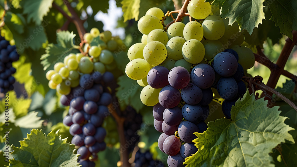 Naklejka premium lush green vineyard, abundant clusters of ripe green grapes, vibrant foliage, natural lighting, depth of field