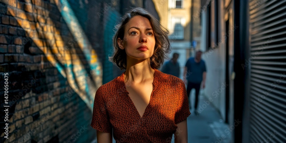 Naklejka premium A woman stands confidently in an urban alley. The sunlight casts beautiful shadows on the walls. This image captures modern style and urban life. Explore the bright colors and textures. AI