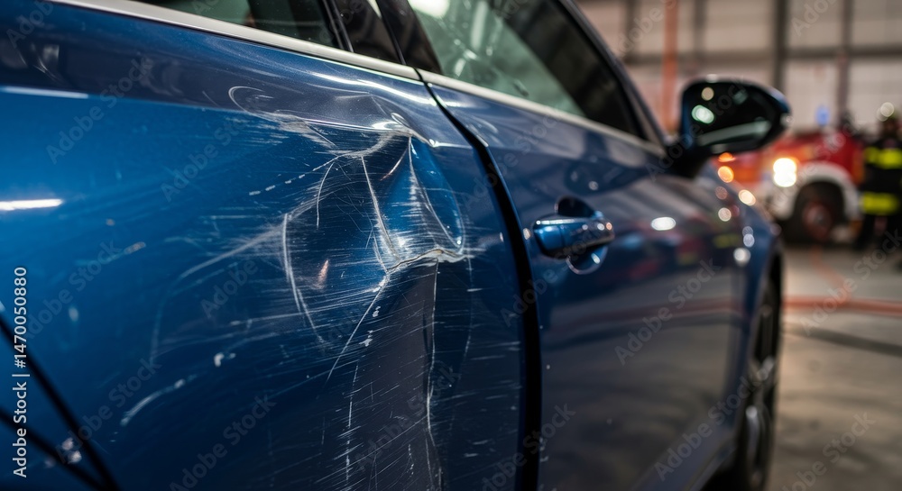 Obraz premium Damaged Car Door Needs Repair - Close-up of a blue car door with significant damage, scratches, and dents. Needs auto body repair