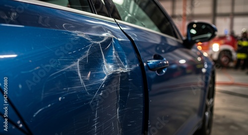 Damaged Car Door Needs Repair - Close-up of a blue car door with significant damage, scratches, and dents. Needs auto body repair
