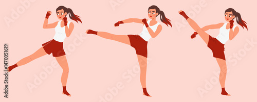 Female fighter demonstrating muay thai technique. Low kick, middle kick and high kick. Flat vector illustration perfect for boxing, martial arts, sport themes