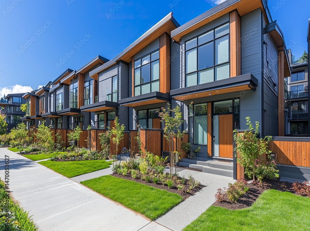 Obraz premium Modern new townhouses in the city with gray walls and wooden accents, exterior view, blue sky, green grass, garden fence, architecture photography. generative ai