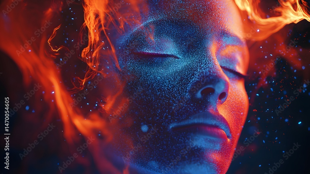 Dramatic abstract emotions representation of a woman's face against a fiery background evoking strong artistic feelings Dramatic abstract emotions representation of a woman's face against a fiery background evoking strong artistic feelings