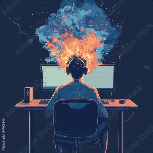 Programmer With Exploding Thoughts Working On Computer In Dark Room Illustration