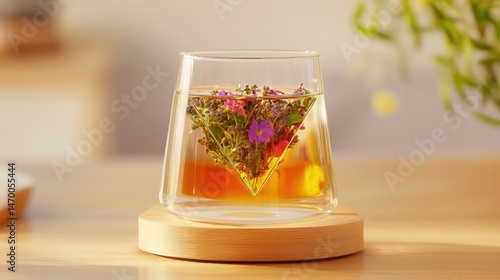 Herbal tea in progress with sleek triangle infuser in a clear cup, shot in soft natural lighting