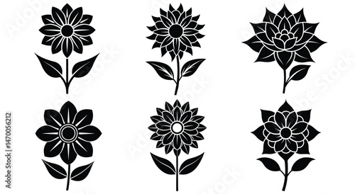 set of black silhouettes of flowers