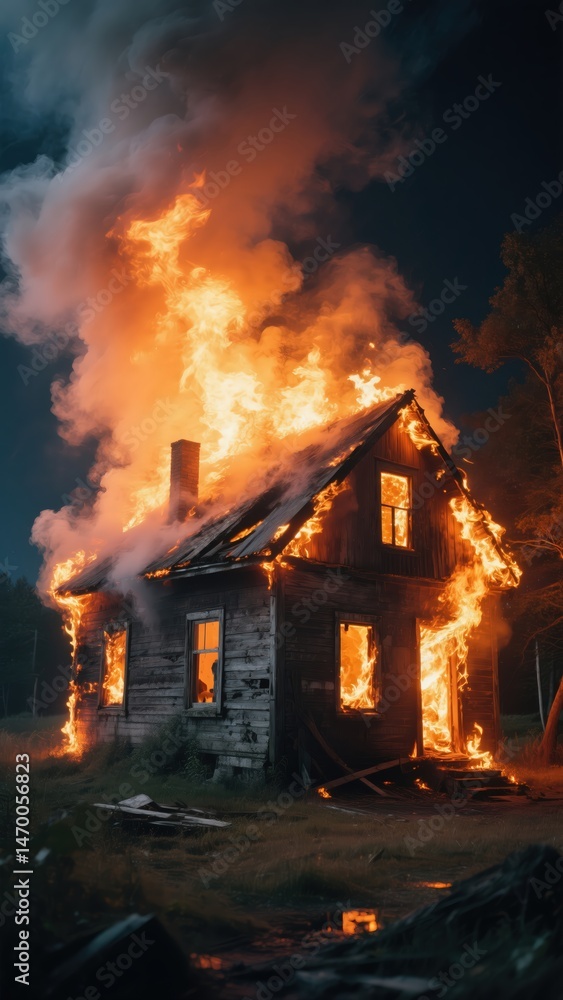 Dramatic image of a wooden house engulfed in flames at night, creating a scene of destruction and devastation with intense orange glow and thick smoke 8K Dramatic image of a wooden house engulfed in flames at night, creating a scene of destruction and devastation with intense orange glow and thick smoke 8K