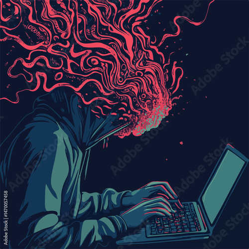 Abstract Hacker Illustration Using Laptop With Information Overload Concept Art Style