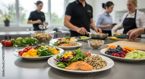 Healthy balanced meals preparation with salmon and quinoa in a bright kitchen