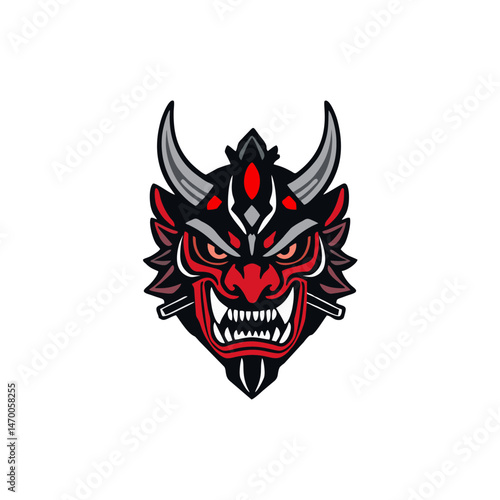 Stylized Vector Collection of Evil Japanese Oni Demon Masks with Horns and Fangs for Esports Branding, Tattoo Ideas, or Graphic Art