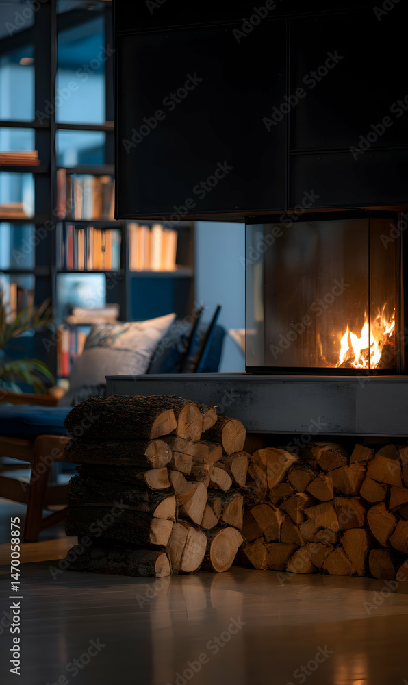 Fototapeta premium Captivating fireplace scene with stacked firewood creating a warm and inviting atmosphere at home