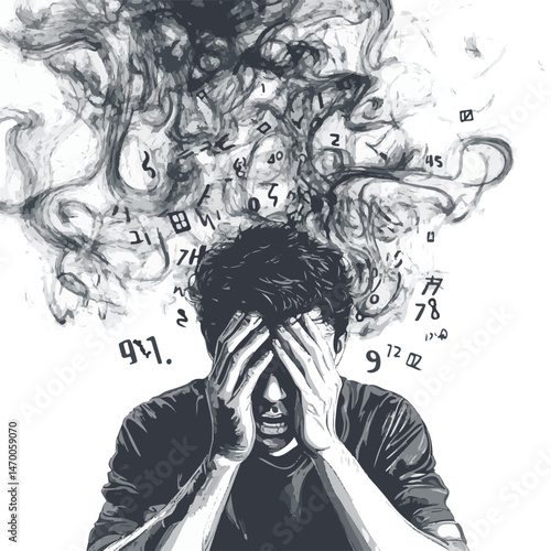 Overwhelmed Man Covers Face With Hands Amidst Chaotic Thoughts And Pressures