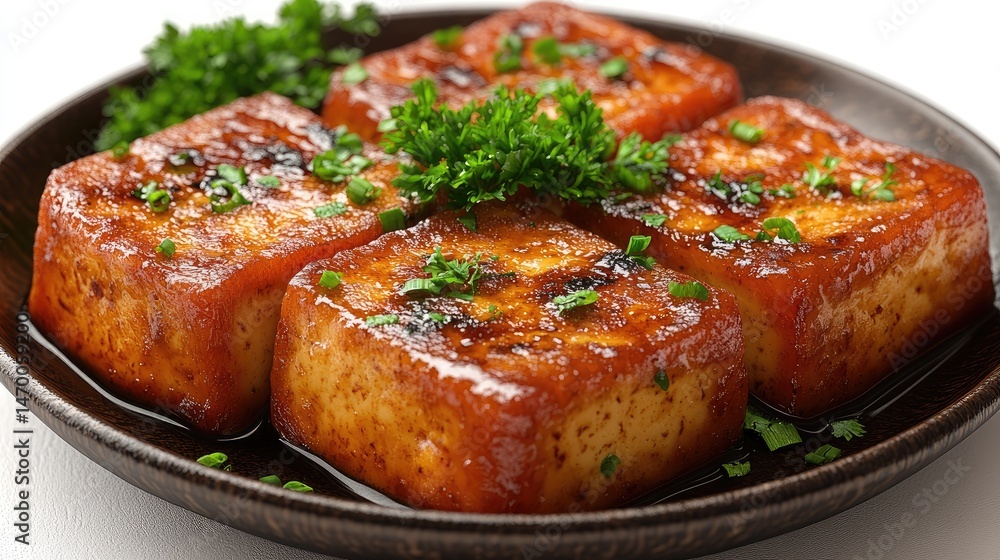 Grilled tofu, glazed, plate, parsley, studio Grilled tofu, glazed, plate, parsley, studio