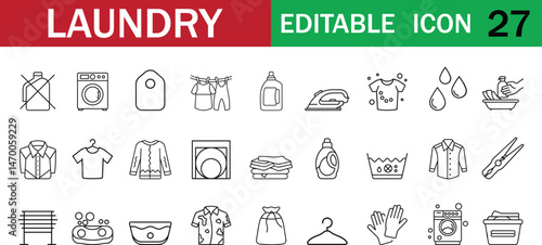 Laundry Icon Set with 27 Editable Line Symbols – Vector Washing Icons Collection Including Washer, Dryer, Soap, Iron, T-shirt, Detergent, Hanger, Basket, Tags, and Fabric Care Tools.