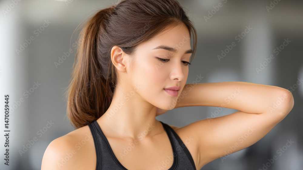 Young Asian Female Athlete Massaging Neck in Well-Lit Gym After Training Session Young Asian Female Athlete Massaging Neck in Well-Lit Gym After Training Session