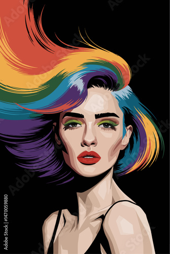 Vibrant woman pop art portrait with colorful hair, isolated on a black background.