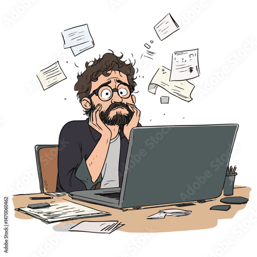 Cartoon Man Overwhelmed Working From Home With Laptop And Documents