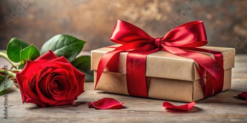 A romantic present, a heartfelt gift wrapped with a crimson ribbon and a single red rose beside it, suggesting love and affection.