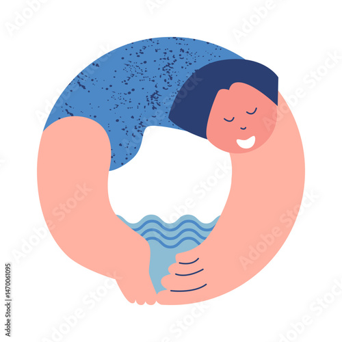 Summer. Woman swims and dives in the sea. Flat geometric simple cartoon vector illustration.