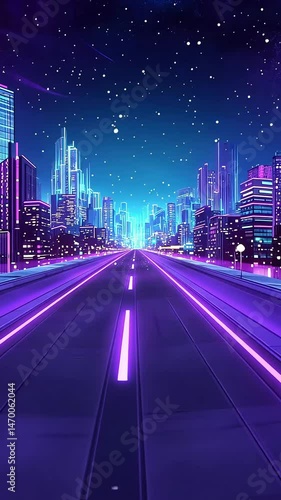 Neon-lit highway through futuristic city at night under a starry sky