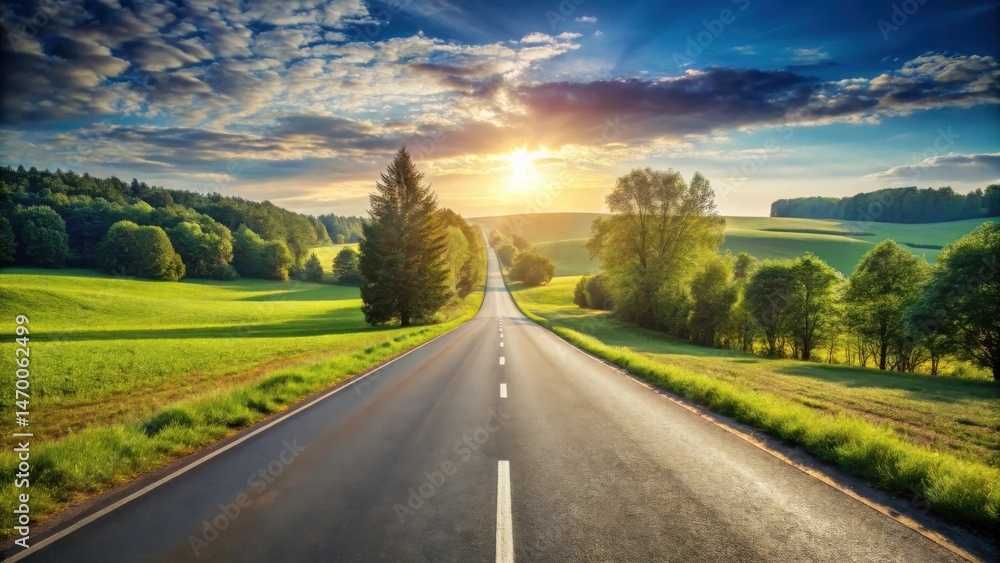 Fototapeta premium Asphalt Road Winding Through Verdant Rolling Hills at Sunset, a Scenic Summer Drive