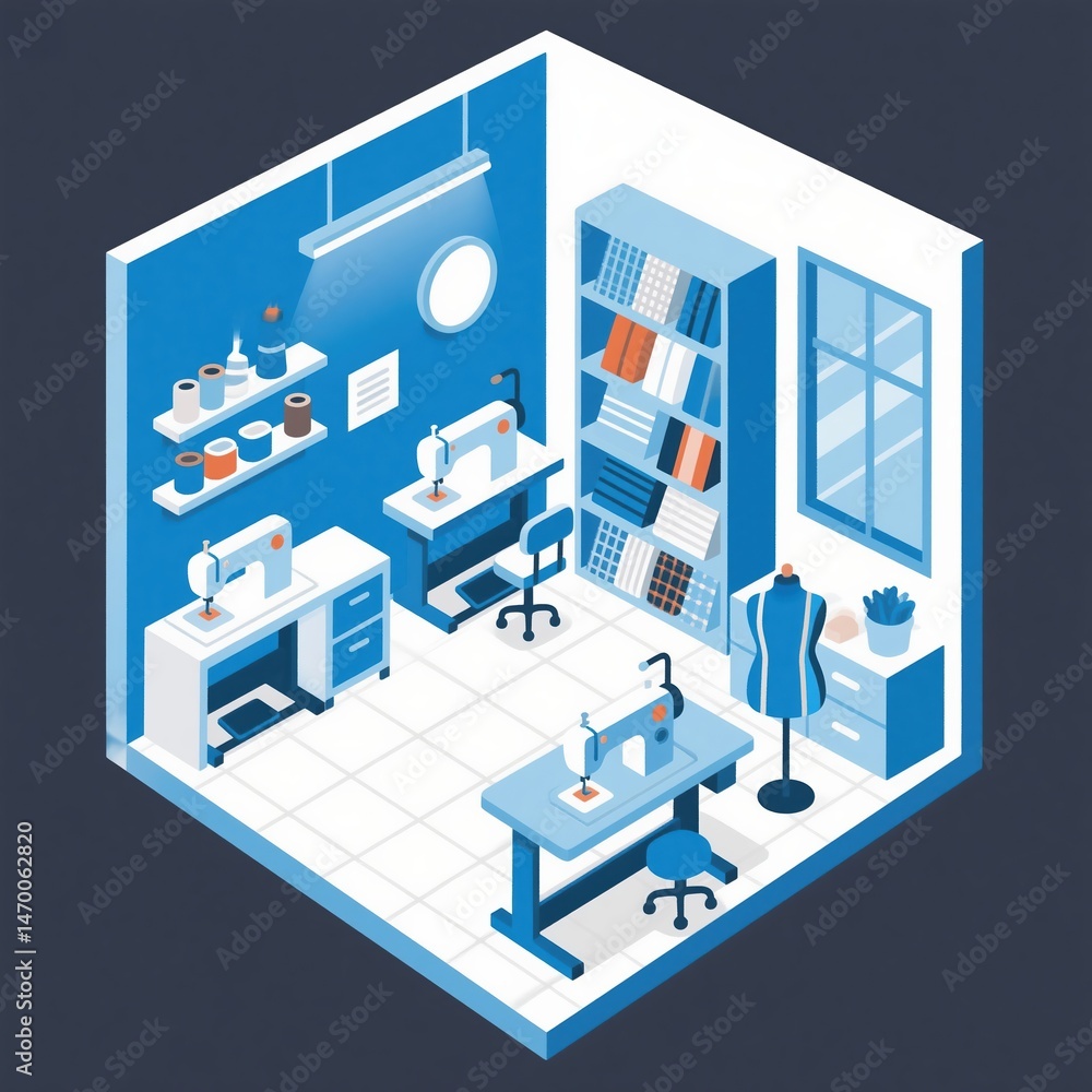 Isometric sewing studio design with dressmaker mannequin, sewing machines and fabric rolls on shelves, offering a creative workspace with blue hues and modern lines, 8K Isometric sewing studio design with dressmaker mannequin, sewing machines and fabric rolls on shelves, offering a creative workspace with blue hues and modern lines, 8K