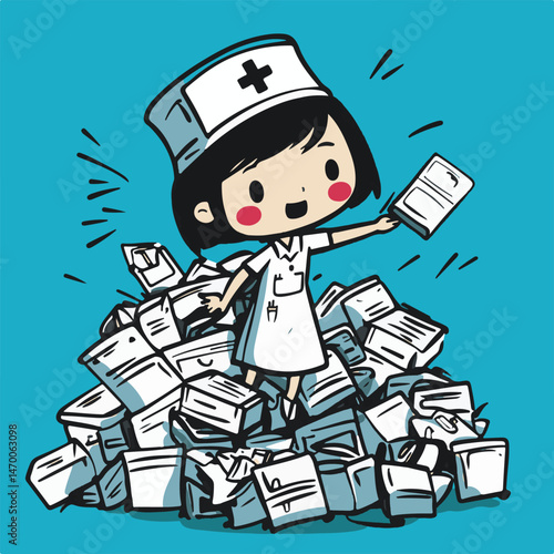 Cartoon Nurse Overwhelmed By Paperwork Illustration On Blue Background