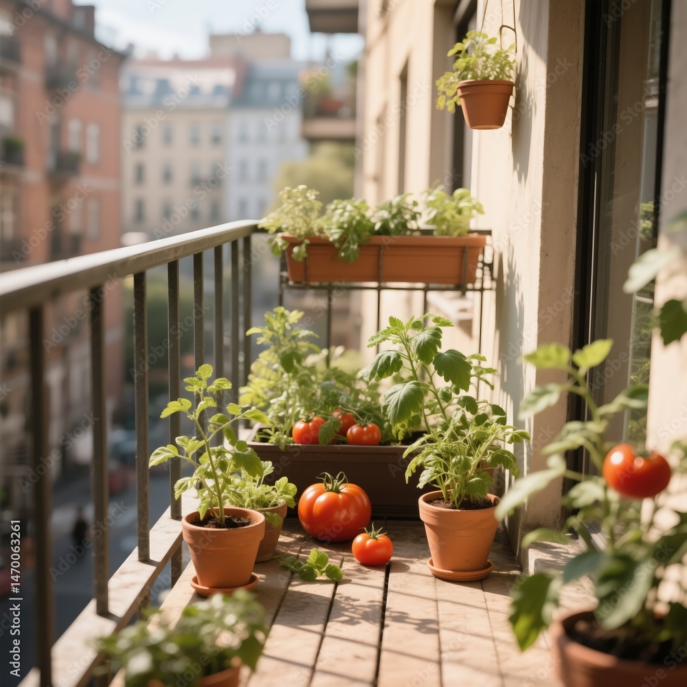 A balcony garden in full bloom, showcasing potted tomato plants and ripe tomatoes on a sunny day in an urban setting, creating a charming and vibrant scene 8K A balcony garden in full bloom, showcasing potted tomato plants and ripe tomatoes on a sunny day in an urban setting, creating a charming and vibrant scene 8K