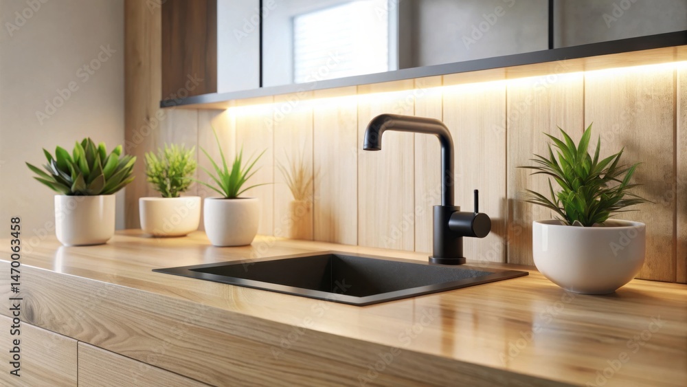 Modern minimalist kitchen sink design with sleek black faucet and potted plants on light wood countertop Modern minimalist kitchen sink design with sleek black faucet and potted plants on light wood countertop