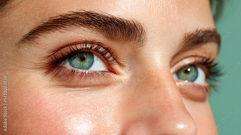 Fototapeta premium Close-up portrait of a woman's eye with a green background emphasizing beauty and detail in a captivating visual composition
