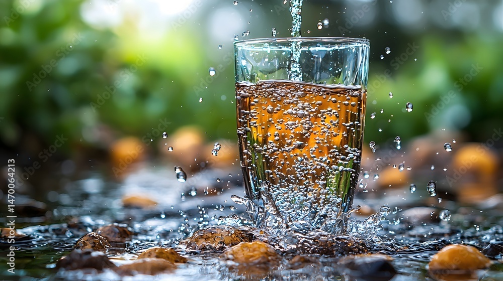 A glass of water filling with a refreshing splash