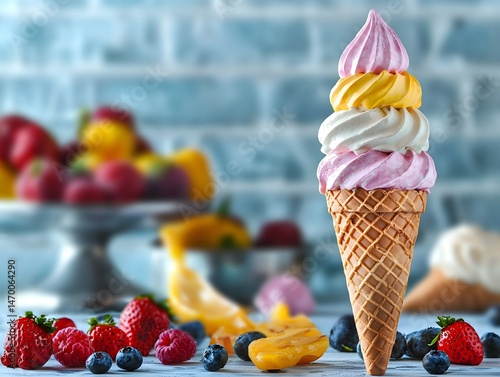 Colorful ice cream cone with fresh fruit