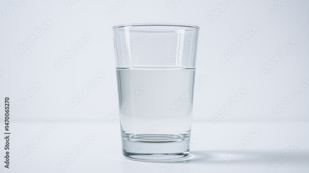Half-filled glass of water on a white background, a simple and clean image perfect for various purposes. Half-filled glass of water on a white background, a simple and clean image perfect for various purposes.