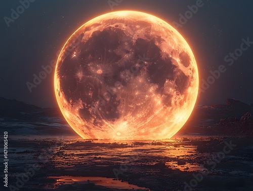 Glowing Full Moon Over Tranquil Ocean at Sunset