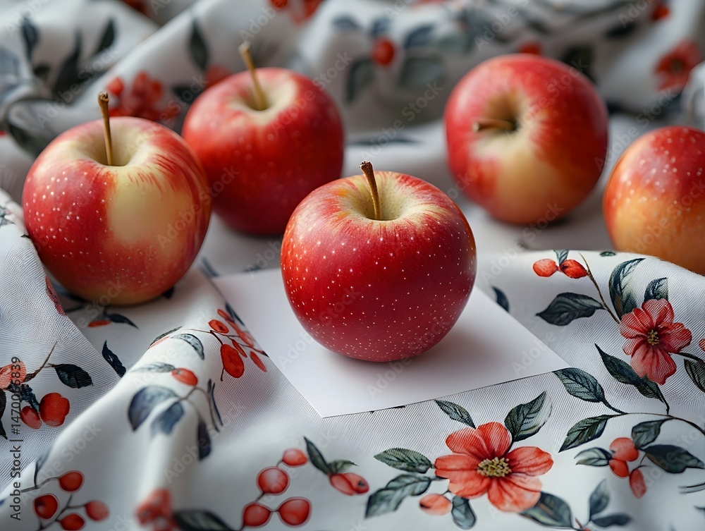 Red apples on a floral patterned tablecloth