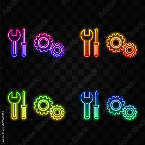 Equipment tool illustration. neon style.Gears icon.representing settings or configurations often used for system adjustments and technical control.