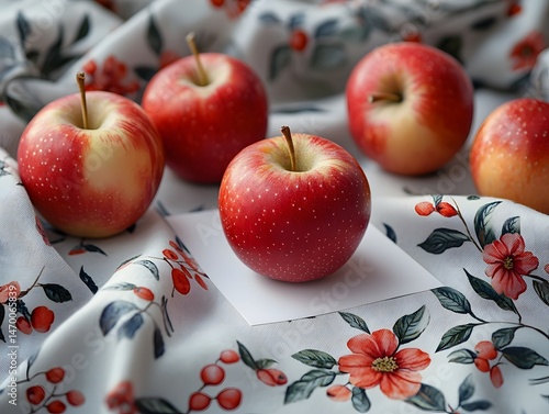 Obraz na płótnie Red apples on a floral patterned tablecloth w salonie