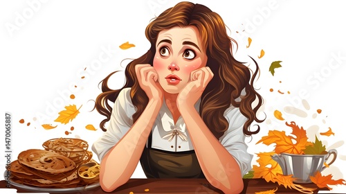 Young woman contemplating Oktoberfest celebration - A whimsical cartoon illustration