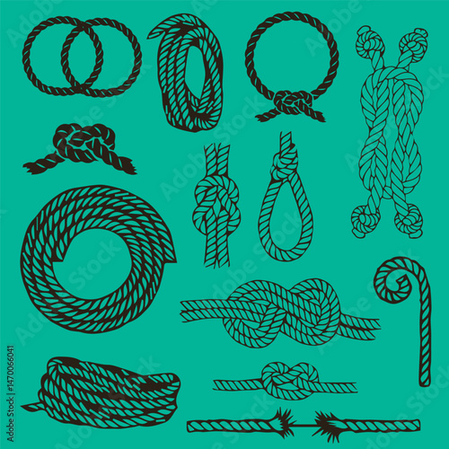 Rope for mountaineering, sea rope, knots and loops.  Vector drawing of different rope elements.  Turquoise background.