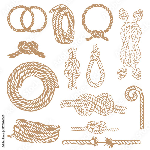 Rope for mountaineering, sea rope, knots and loops. Vector drawing of different rope elements. On a white background.