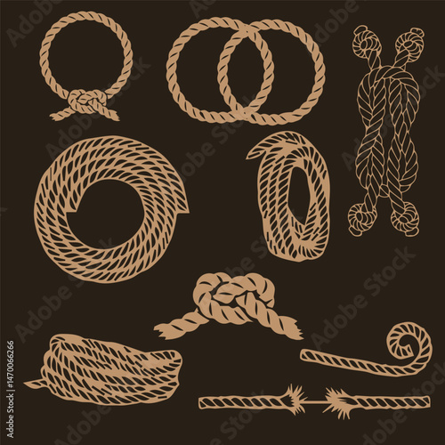Rope for mountaineering, sea rope, knots and loops. Beige edging on a brown background. Vector drawing of different rope elements.