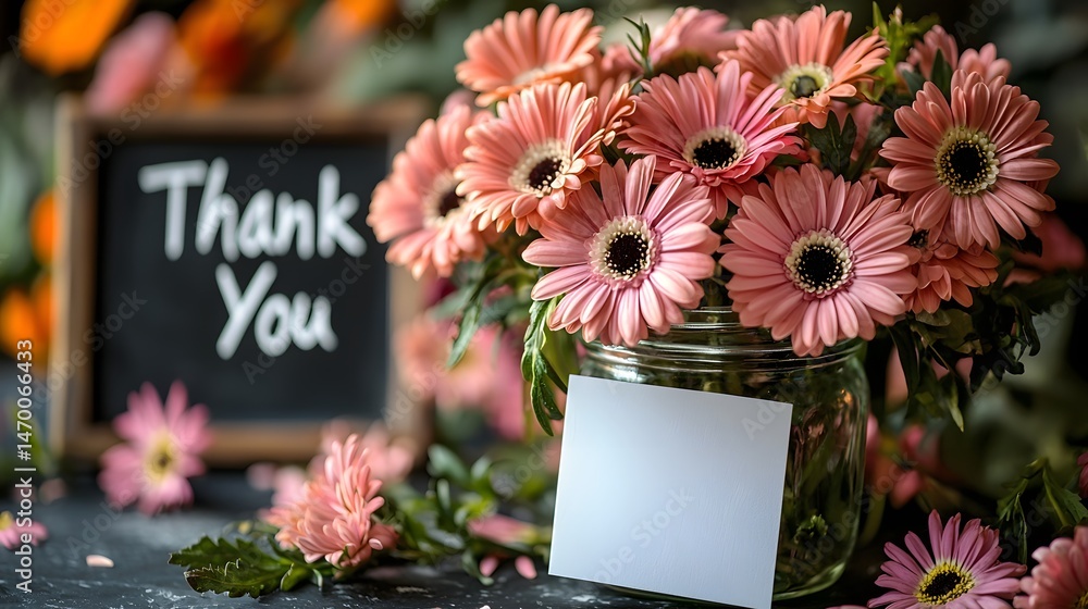 A bouquet of pink gerbera daisies with a handwritten Thank You card