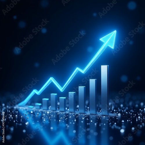 A futuristic, glowing, digital chart with a rising upward trend arrow