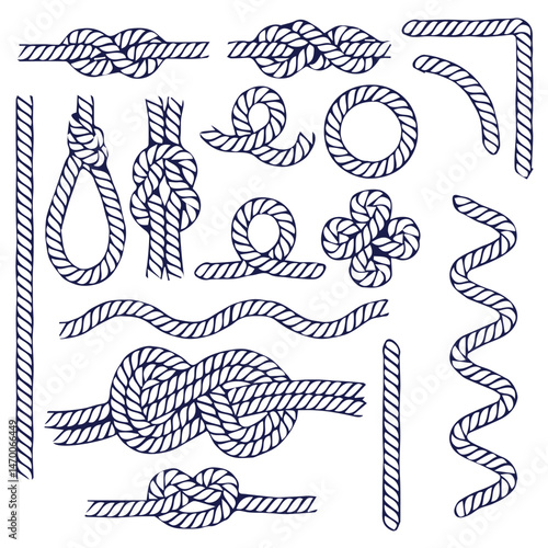 Rope for mountaineering, sea rope, knots and loops. Vector drawing of different rope elements. Blue climbing rop. On a white background.