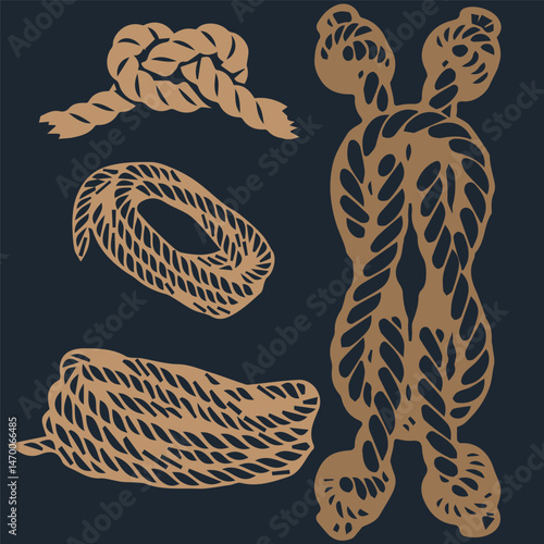 Rope for mountaineering, sea rope, knots and loops. Blue background, beige rope. Vector drawing of different rope elements.