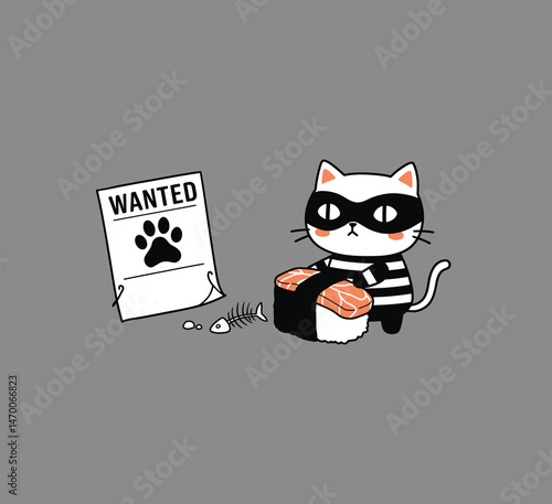 cat illustration stealing sushi
