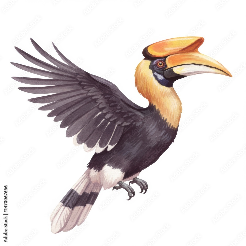 Yellow Crested Hornbill in Flight Illustration Yellow Crested Hornbill in Flight Illustration