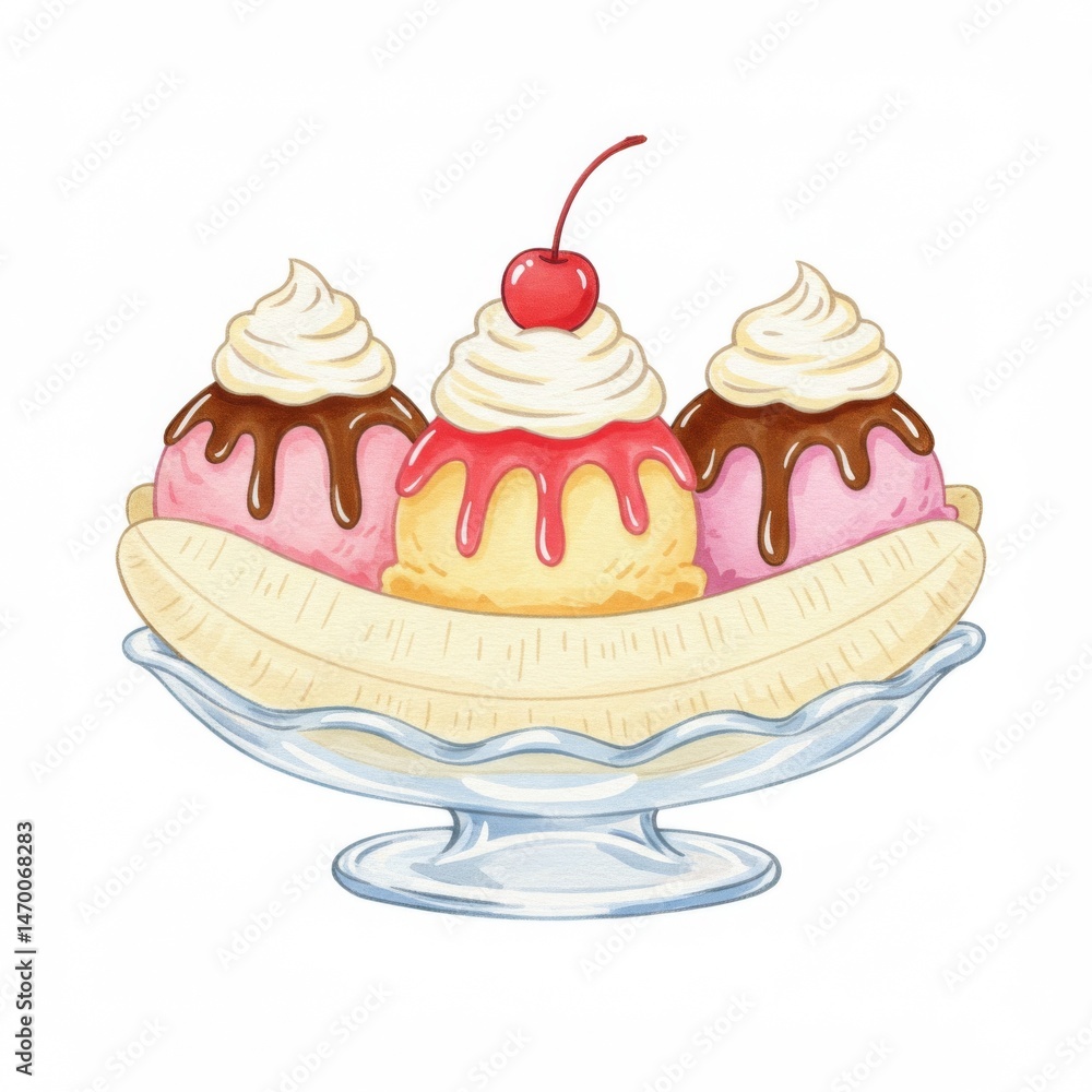 Watercolor Banana Split with Three Scoops of Ice Cream Watercolor Banana Split with Three Scoops of Ice Cream