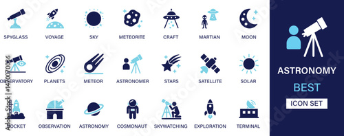 Astronomy icon set collection. Spyglass, voyage, sky, meteorite, craft, moon, observatory, planets, meteor, stars, satellite and best solid icon set.