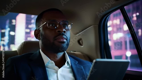 Wallpaper Mural Focused Businessman in Dark Suit and Glasses Working on Tablet Inside a Car at Night with City Lights Torontodigital.ca